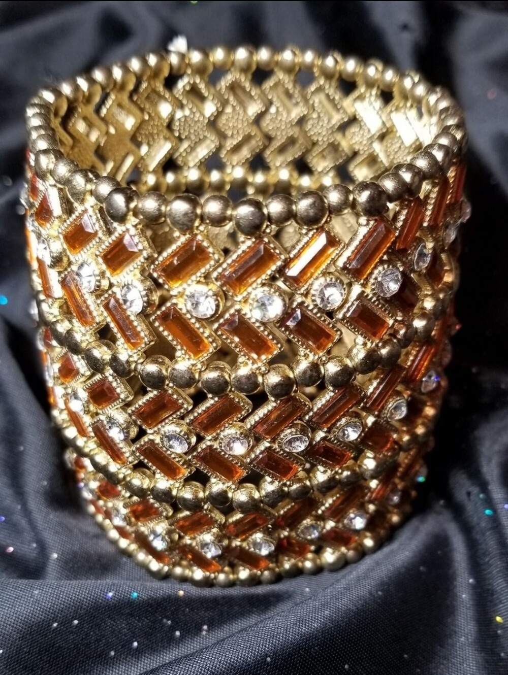 Gold-Tone Amber and Clear Rhinestone Wide Cuff Stretch Bracelet